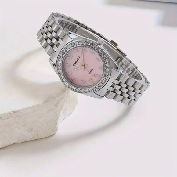 Casiru Ladies Rhinestone Bezel w/Pink Shell Dial Quartz Watch Stainless Bracelet - Picture 3 of 11
